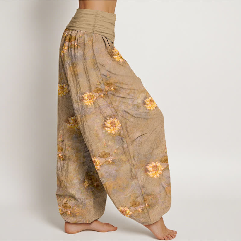 Buddha Stones Pantalon harem pour femme en coton jaune à motif lotus éparpillé et taille élastique - image 10