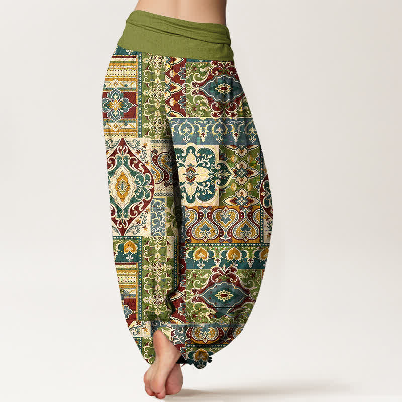 Buddha Stones Pantalon harem à taille élastique pour femme, motif mosaïque olive en coton - image 1
