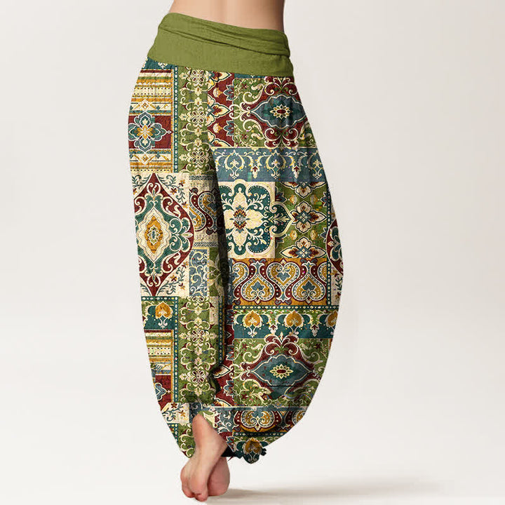 Buddha Stones Pantalon harem à taille élastique pour femme, motif mosaïque olive en coton - image 1