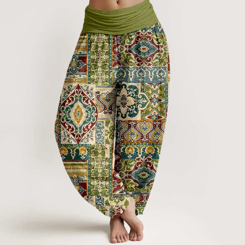 Buddha Stones Pantalon harem à taille élastique pour femme, motif mosaïque olive en coton - Olive - US16，UK/AU20，EU48 (3XL) - image 0