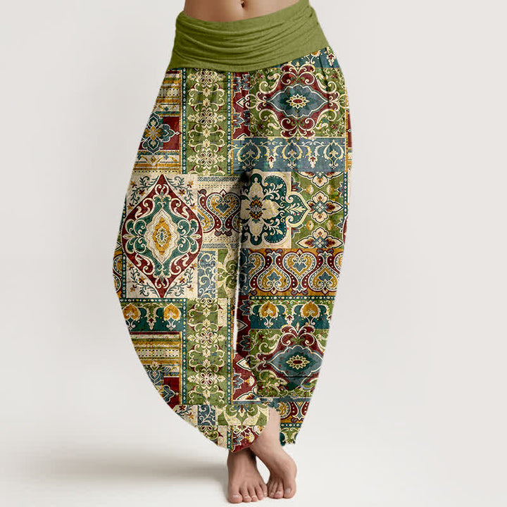 Buddha Stones Pantalon harem à taille élastique pour femme, motif mosaïque olive en coton - Olive - US16，UK/AU20，EU48 (3XL) - image 0