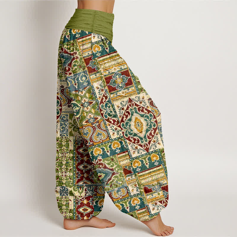 Buddha Stones Pantalon harem à taille élastique pour femme, motif mosaïque olive en coton - image 2