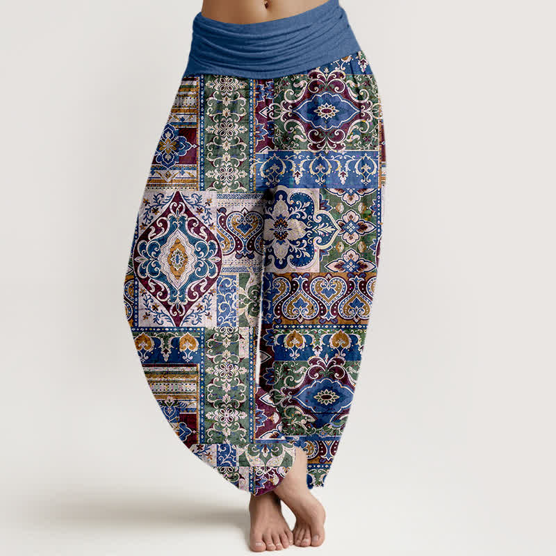 Buddha Stones Pantalon harem à taille élastique pour femme, motif mosaïque olive en coton - Bleu royal - US16，UK/AU20，EU48 (3XL) - image 8