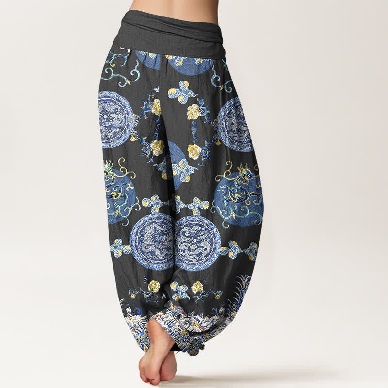 Buddha Stones Pantalon harem pour femme en coton indigo à motif médaillon dragon et taille élastique - image 1