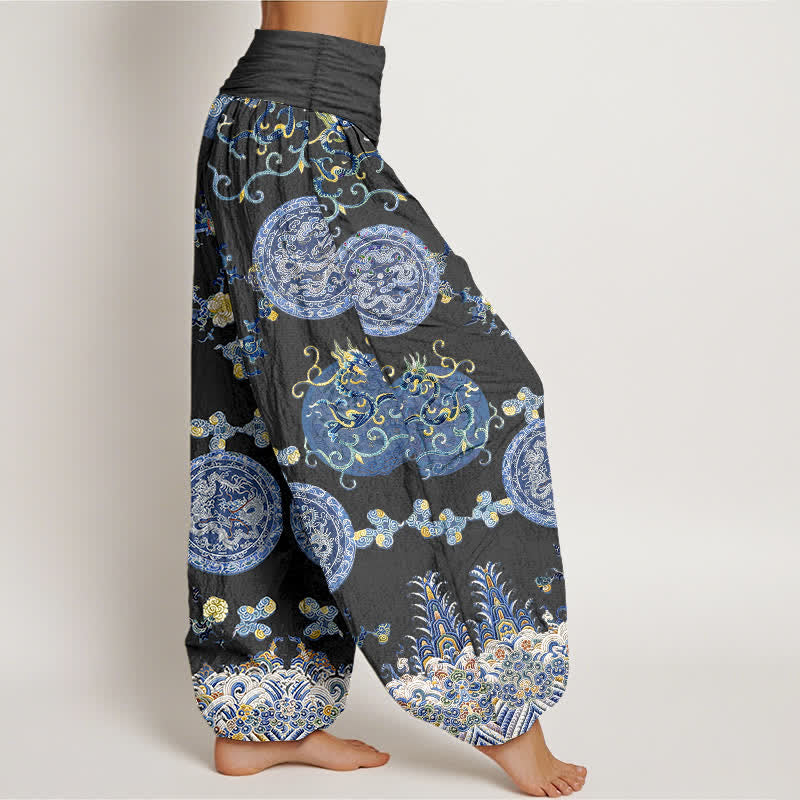 Buddha Stones Pantalon harem pour femme en coton indigo à motif médaillon dragon et taille élastique - image 2