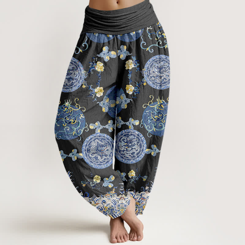 Buddha Stones Pantalon harem pour femme en coton indigo à motif médaillon dragon et taille élastique - Noir - US16，UK/AU20，EU48 (3XL) - image 0