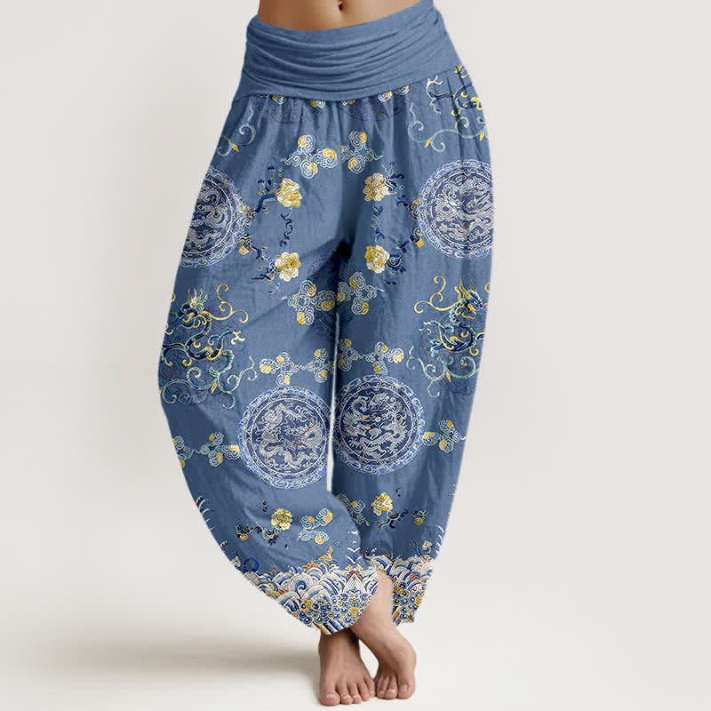 Buddha Stones Pantalon harem pour femme en coton indigo à motif médaillon dragon et taille élastique - SteelBlue - US16，UK/AU20，EU48 (3XL) - image 5