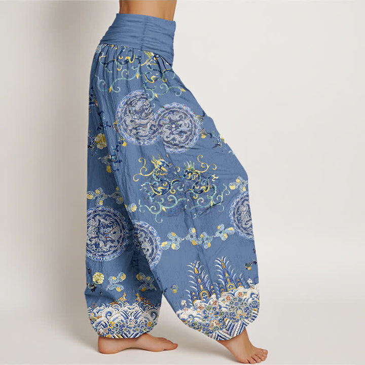 Buddha Stones Pantalon harem pour femme en coton indigo à motif médaillon dragon et taille élastique - image 7