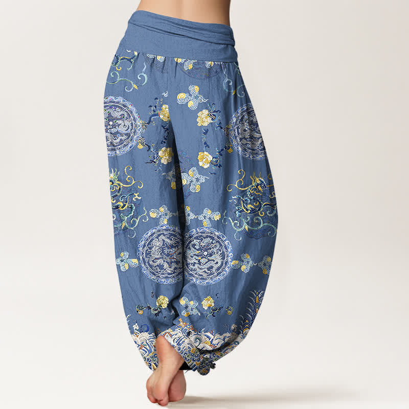 Buddha Stones Pantalon harem pour femme en coton indigo à motif médaillon dragon et taille élastique - image 6