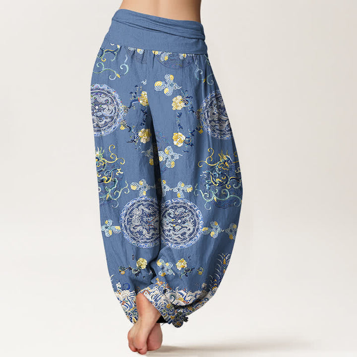 Buddha Stones Pantalon harem pour femme en coton indigo à motif médaillon dragon et taille élastique - image 6