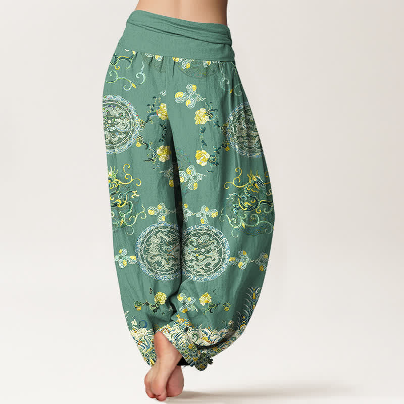 Buddha Stones Pantalon harem pour femme en coton indigo à motif médaillon dragon et taille élastique - image 9