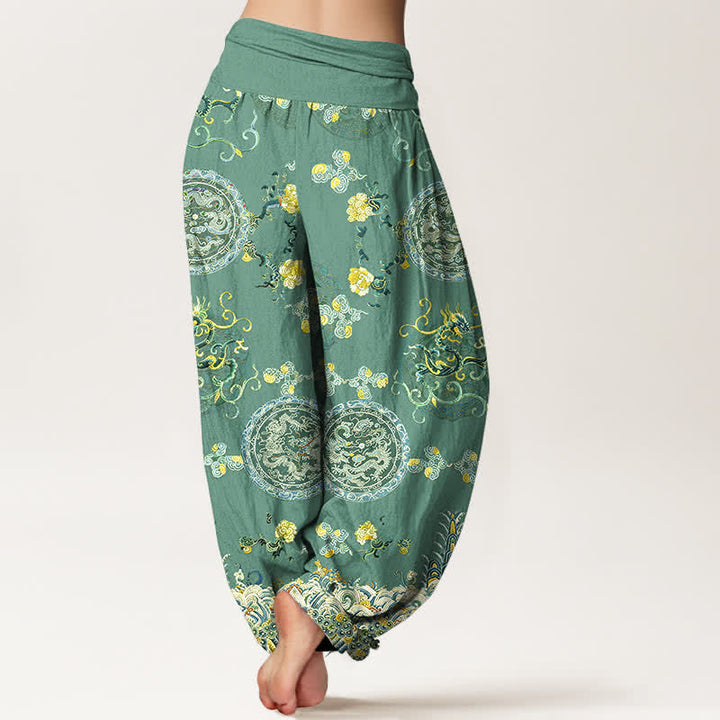 Buddha Stones Pantalon harem pour femme en coton indigo à motif médaillon dragon et taille élastique - image 9