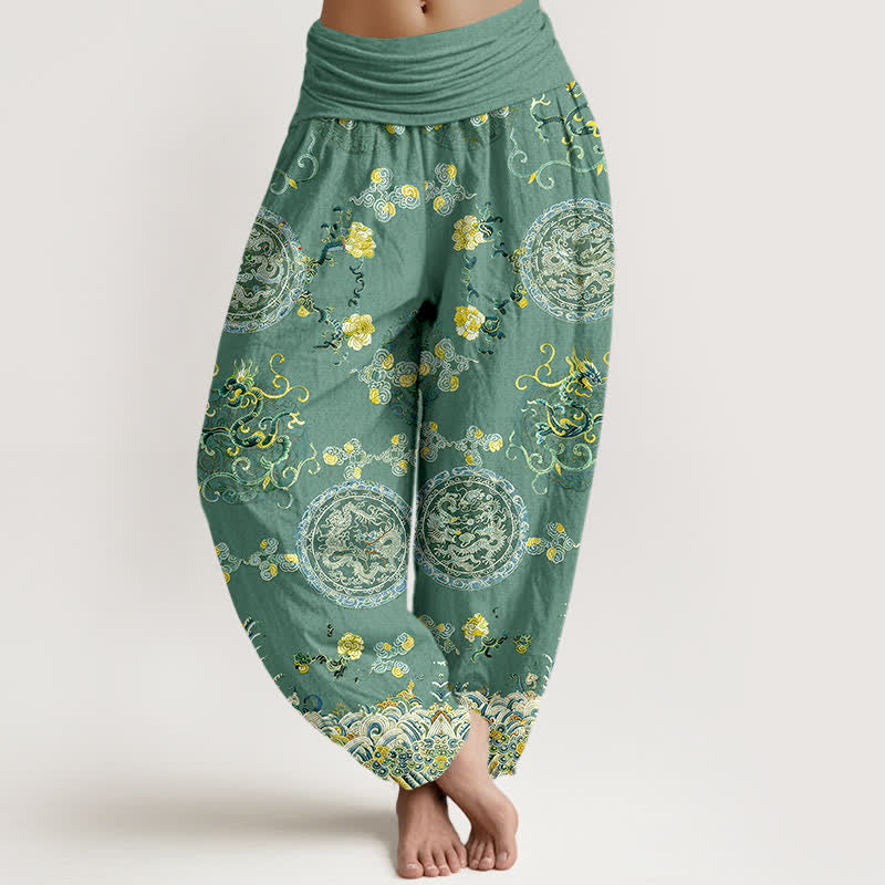 Buddha Stones Pantalon harem pour femme en coton indigo à motif médaillon dragon et taille élastique - Vert mer moyen - US16，UK/AU20，EU48 (3XL) - image 8