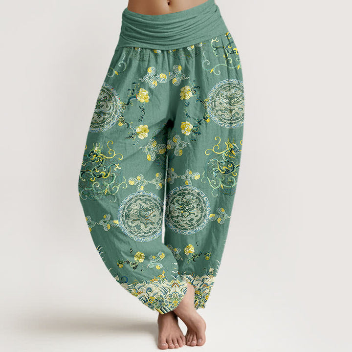 Buddha Stones Pantalon harem pour femme en coton indigo à motif médaillon dragon et taille élastique - Vert mer moyen - US16，UK/AU20，EU48 (3XL) - image 8