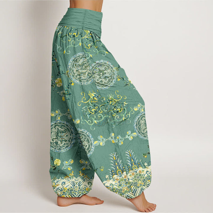 Buddha Stones Pantalon harem pour femme en coton indigo à motif médaillon dragon et taille élastique - image 10