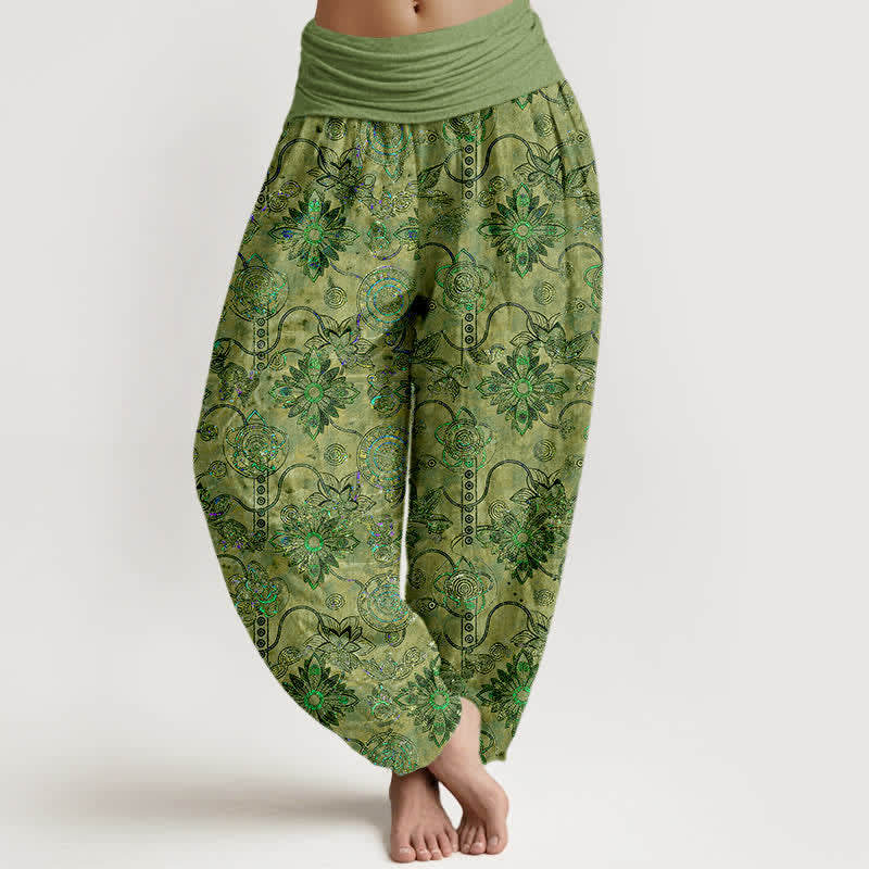 Buddha Stones Pantalon harem pour femme en pur coton olive à motif floral et losanges de style bohème, taille élastique - Olive - US16，UK/AU20，EU48 (3XL) - image 0