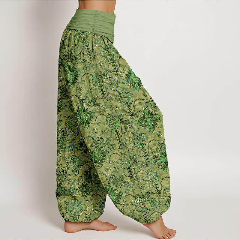 Buddha Stones Pantalon harem pour femme en pur coton olive à motif floral et losanges de style bohème, taille élastique - image 2