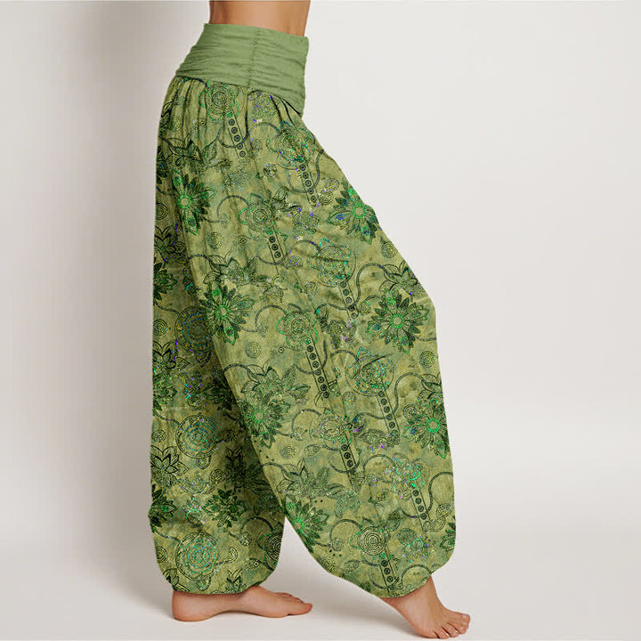 Buddha Stones Pantalon harem pour femme en pur coton olive à motif floral et losanges de style bohème, taille élastique - image 2