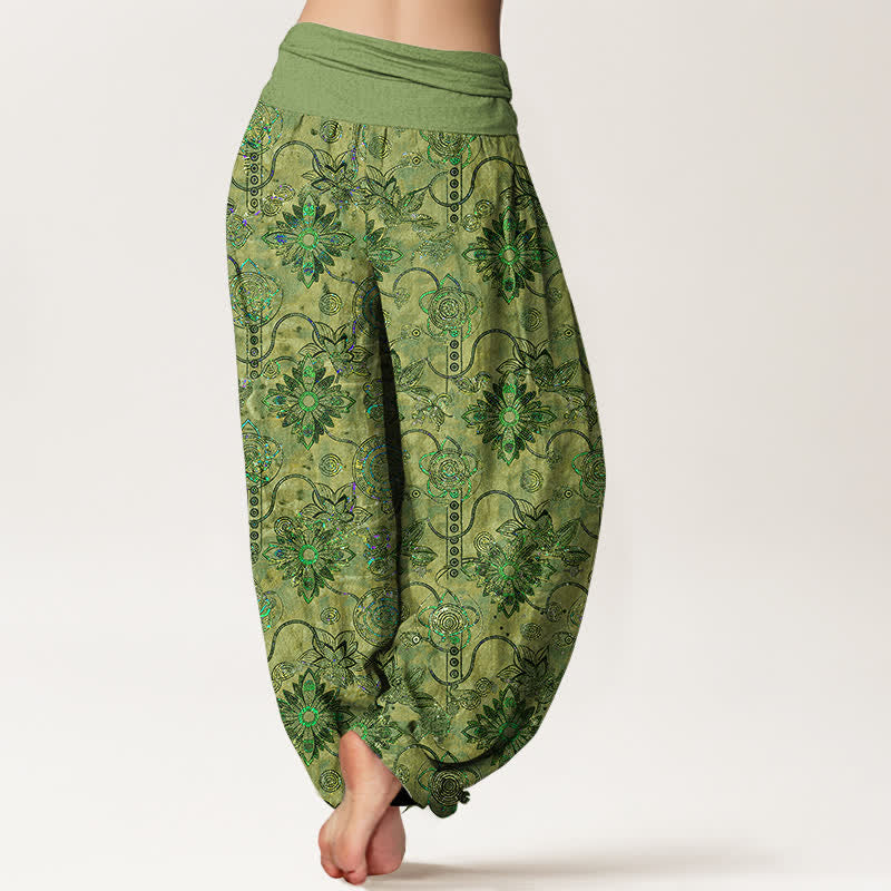 Buddha Stones Pantalon harem pour femme en pur coton olive à motif floral et losanges de style bohème, taille élastique - image 1