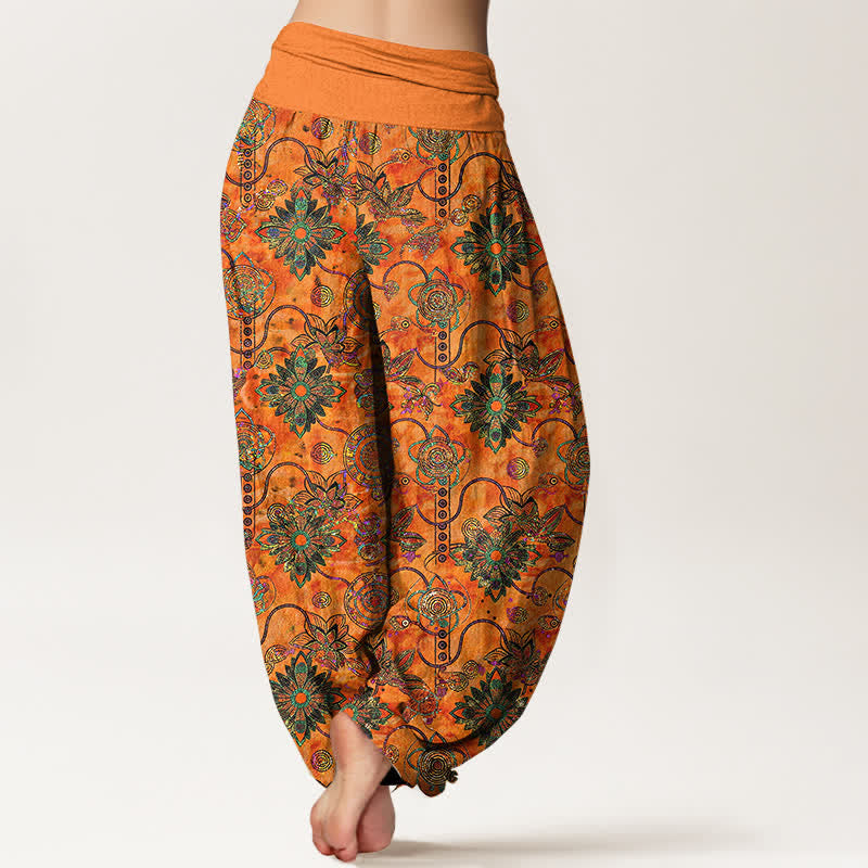Buddha Stones Pantalon harem pour femme en pur coton olive à motif floral et losanges de style bohème, taille élastique - image 6