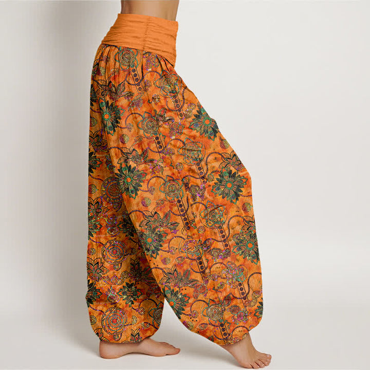 Buddha Stones Pantalon harem pour femme en pur coton olive à motif floral et losanges de style bohème, taille élastique - image 7