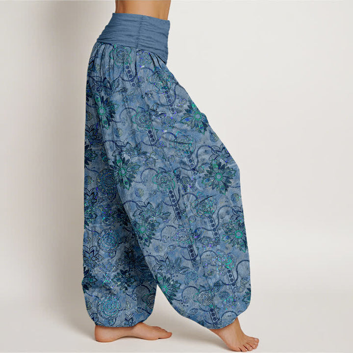Buddha Stones Pantalon harem pour femme en pur coton olive à motif floral et losanges de style bohème, taille élastique - image 10