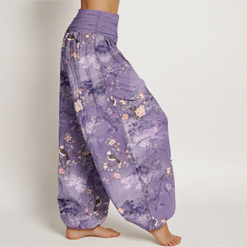 Buddha Stones Pantalon harem pour femme en pur coton à motif floral et oiseaux, taille élastique - image 2