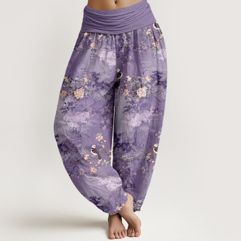 Buddha Stones Pantalon harem pour femme en pur coton à motif floral et oiseaux, taille élastique - Violet moyen - US16，UK/AU20，EU48 (3XL) - image 0