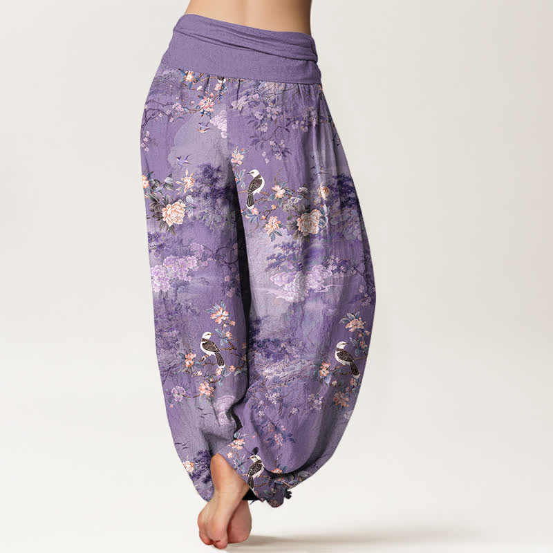 Buddha Stones Pantalon harem pour femme en pur coton à motif floral et oiseaux, taille élastique - image 1