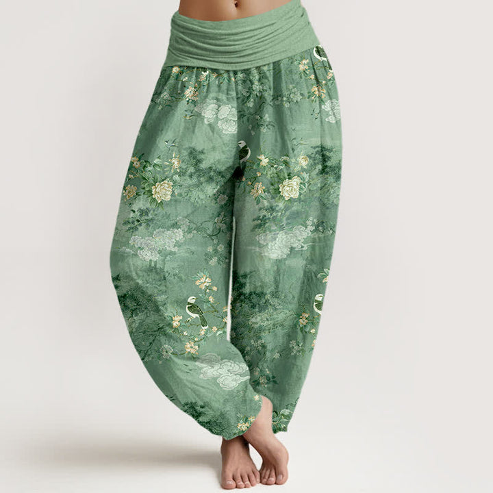 Buddha Stones Pantalon harem pour femme en pur coton à motif floral et oiseaux, taille élastique - Vert mer moyen - US16，UK/AU20，EU48 (3XL) - image 5