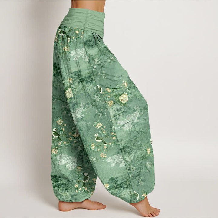 Buddha Stones Pantalon harem pour femme en pur coton à motif floral et oiseaux, taille élastique - image 7