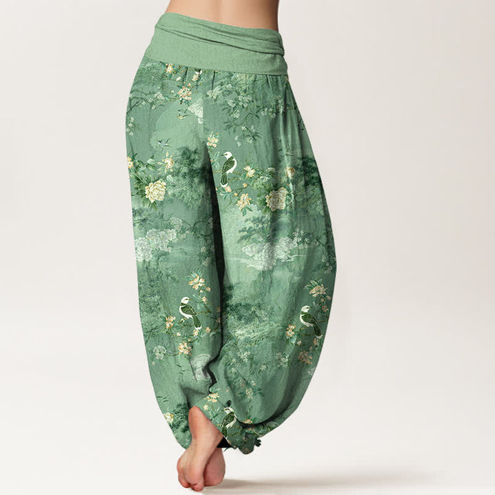 Buddha Stones Pantalon harem pour femme en pur coton à motif floral et oiseaux, taille élastique - image 6