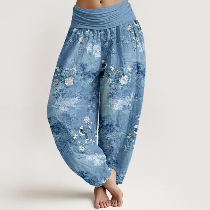 Buddha Stones Pantalon harem pour femme en pur coton à motif floral et oiseaux, taille élastique - Bleuet - US16，UK/AU20，EU48 (3XL) - image 8