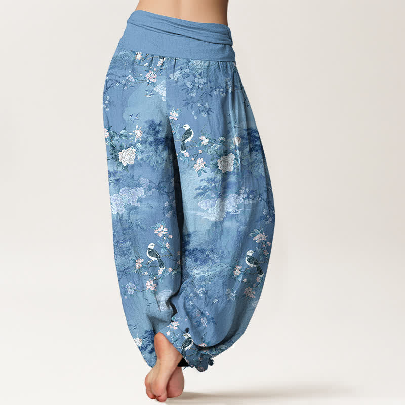 Buddha Stones Pantalon harem pour femme en pur coton à motif floral et oiseaux, taille élastique - image 9