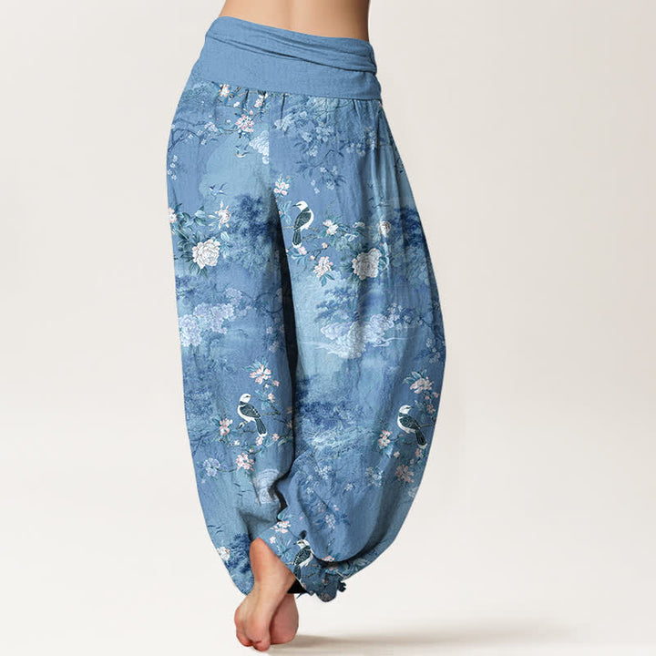 Buddha Stones Pantalon harem pour femme en pur coton à motif floral et oiseaux, taille élastique - image 9
