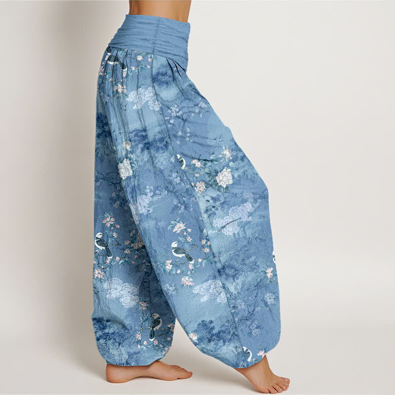 Buddha Stones Pantalon harem pour femme en pur coton à motif floral et oiseaux, taille élastique - image 10