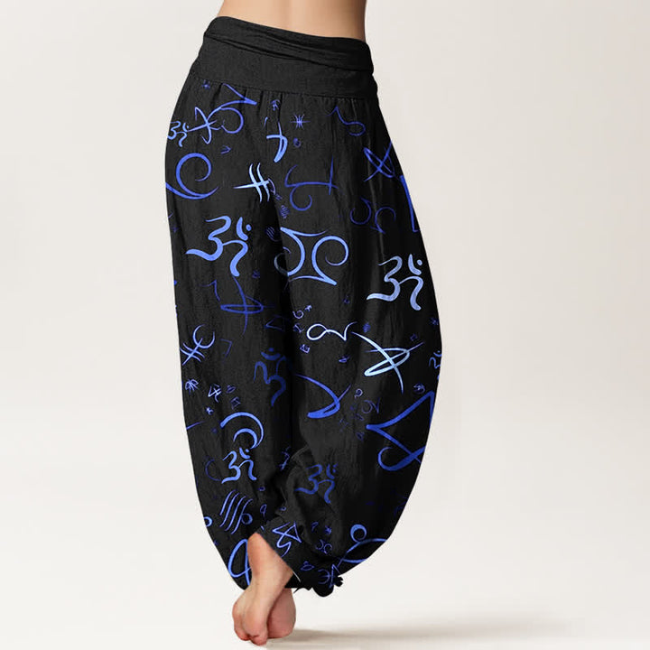 Buddha Stones Pantalon harem pour femme en pur coton bleu à motif OM et taille élastique - image 1