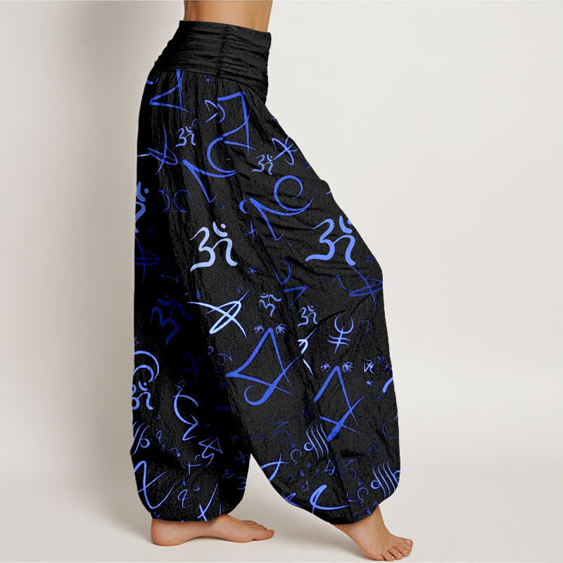 Buddha Stones Pantalon harem pour femme en pur coton bleu à motif OM et taille élastique - image 2