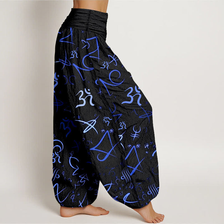 Buddha Stones Pantalon harem pour femme en pur coton bleu à motif OM et taille élastique - image 2