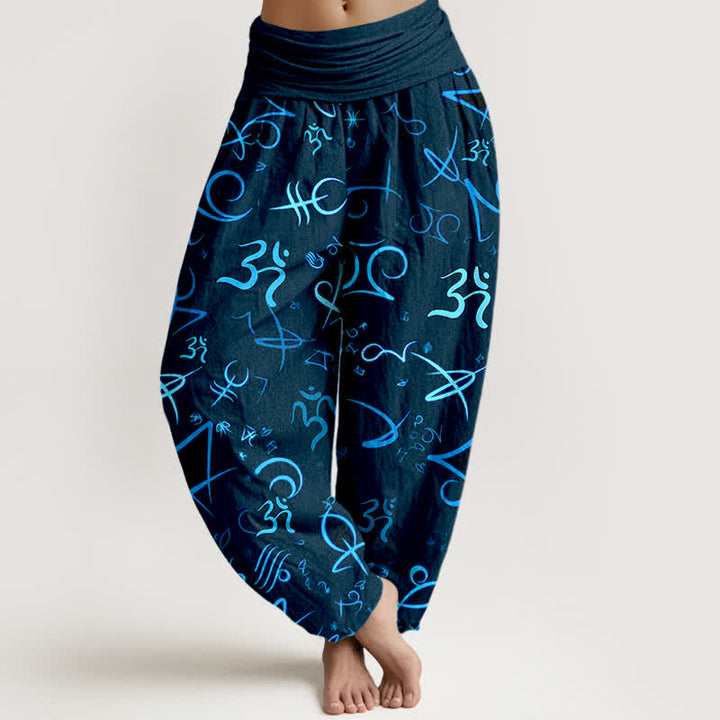 Buddha Stones Pantalon harem pour femme en pur coton bleu à motif OM et taille élastique - Bleu royal - US16，UK/AU20，EU48 (3XL) - image 5