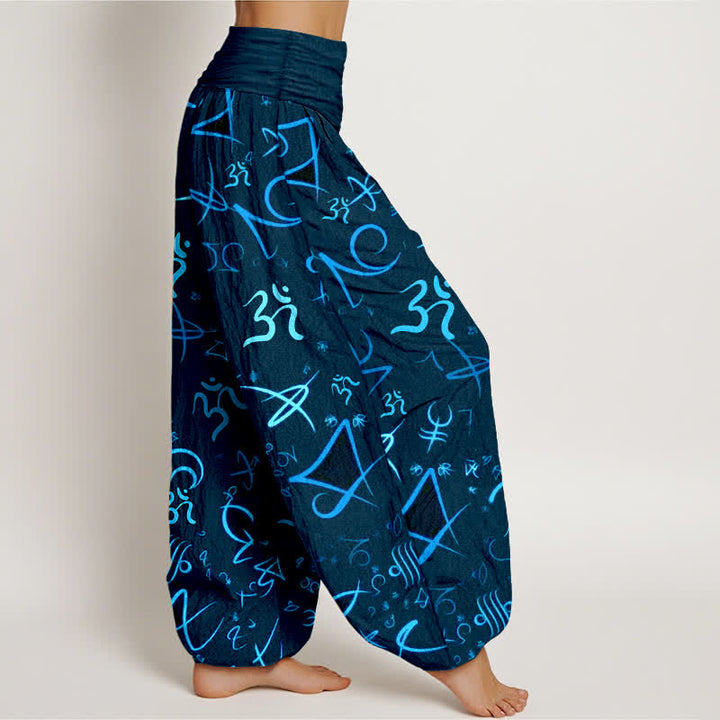 Buddha Stones Pantalon harem pour femme en pur coton bleu à motif OM et taille élastique - image 7