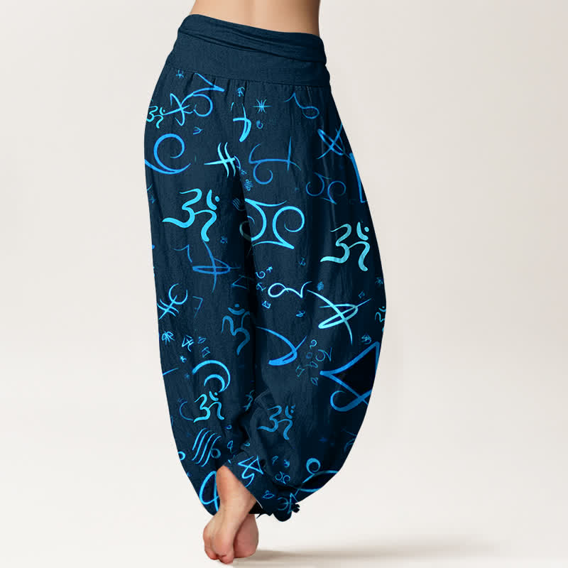 Buddha Stones Pantalon harem pour femme en pur coton bleu à motif OM et taille élastique - image 6