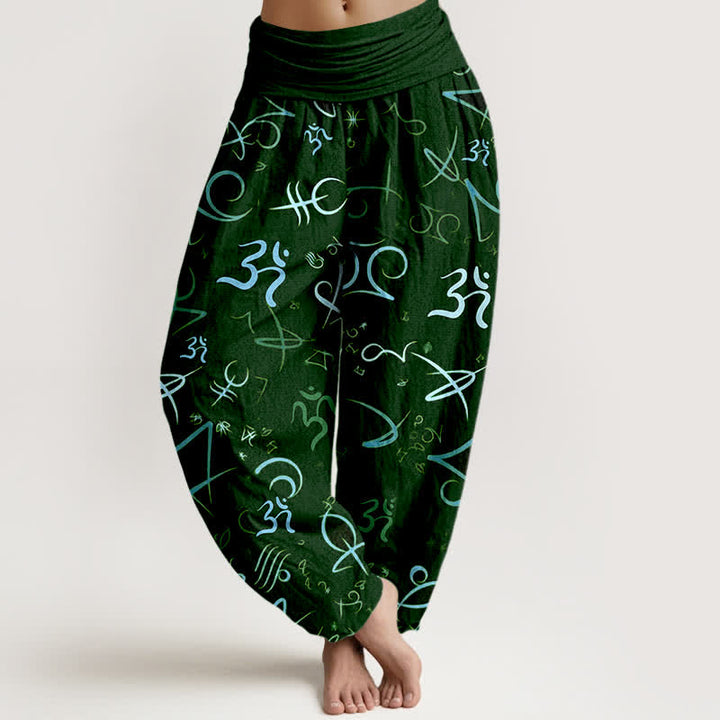 Buddha Stones Pantalon harem pour femme en pur coton bleu à motif OM et taille élastique - Vert foncé - US16，UK/AU20，EU48 (3XL) - image 8