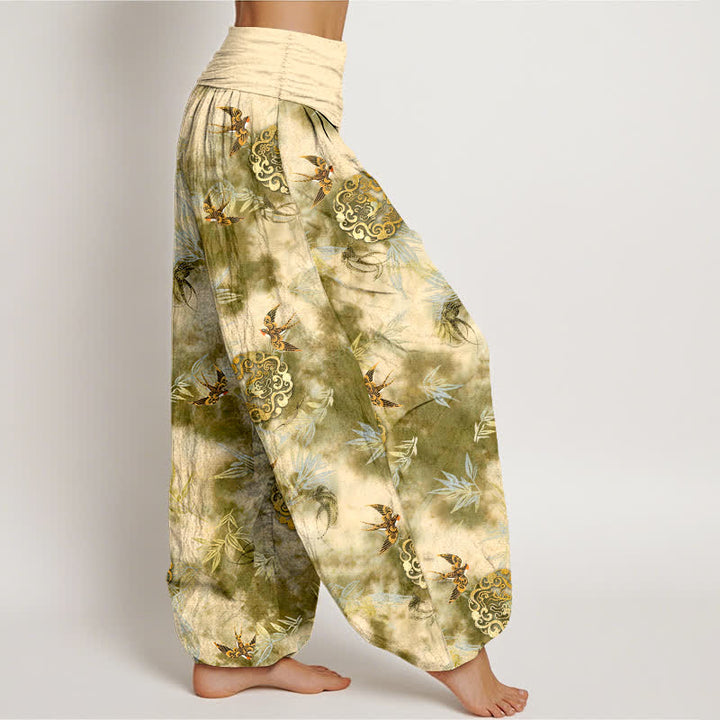 Buddha Stones Pantalon harem pour femme en pur coton, à taille élastique, orné d'un médaillon nuage et d'oiseaux - image 2