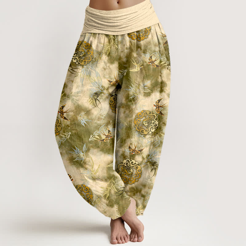 Buddha Stones Pantalon harem pour femme en pur coton, à taille élastique, orné d'un médaillon nuage et d'oiseaux - Kaki - US16，UK/AU20，EU48 (3XL) - image 0