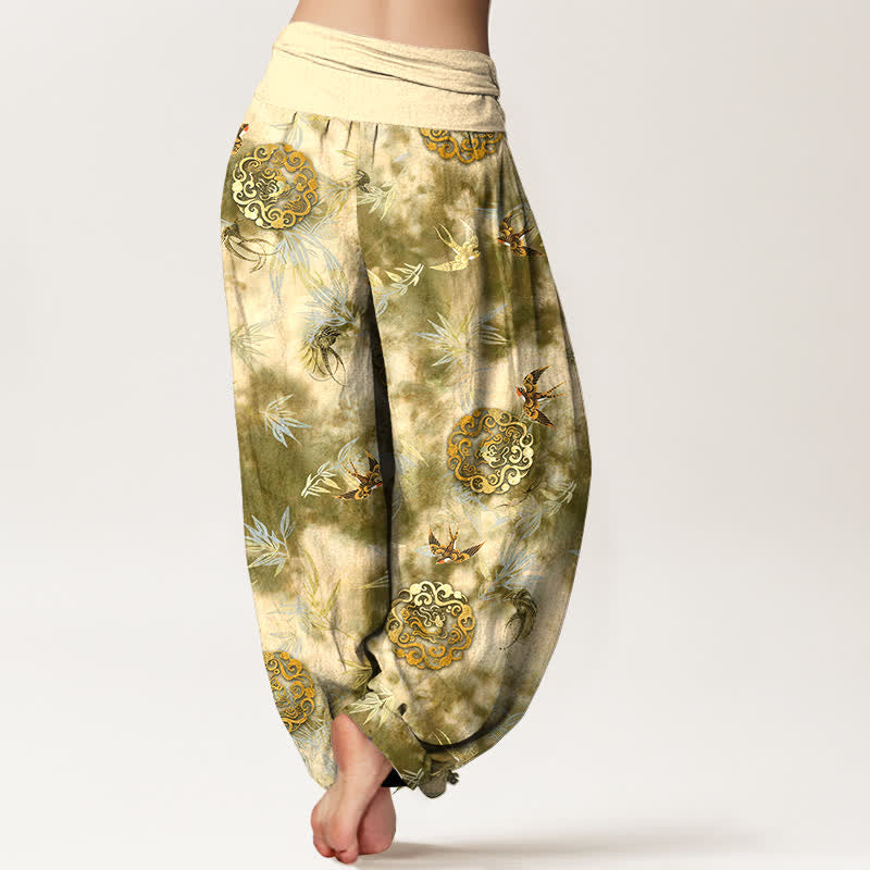Buddha Stones Pantalon harem pour femme en pur coton, à taille élastique, orné d'un médaillon nuage et d'oiseaux - image 1