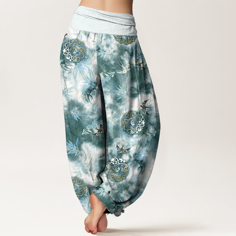 Buddha Stones Pantalon harem pour femme en pur coton, à taille élastique, orné d'un médaillon nuage et d'oiseaux - image 6
