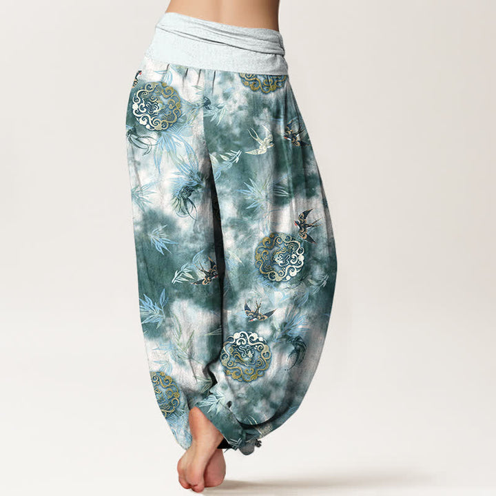 Buddha Stones Pantalon harem pour femme en pur coton, à taille élastique, orné d'un médaillon nuage et d'oiseaux - image 6