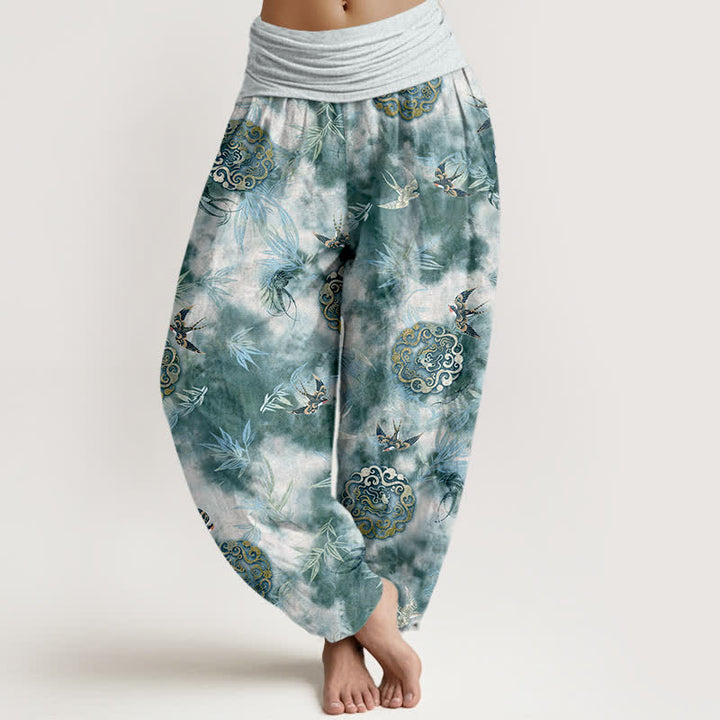Buddha Stones Pantalon harem pour femme en pur coton, à taille élastique, orné d'un médaillon nuage et d'oiseaux - DarkCyan - US16，UK/AU20，EU48 (3XL) - image 5