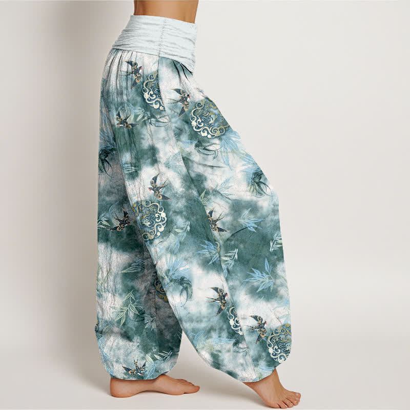 Buddha Stones Pantalon harem pour femme en pur coton, à taille élastique, orné d'un médaillon nuage et d'oiseaux - image 7